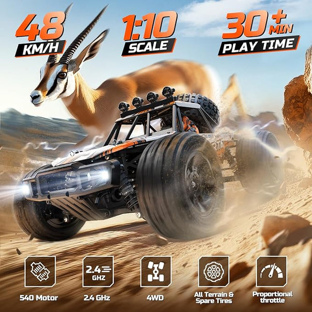 DEERC 1:10 Scale RC Monster Truck for Adults & Boys, 48KM/H Speed 4X4 Hobby RC Car with Lights, 2 Rechargeable Batteries, 2.4 GHz All Terrain Remote Control Car Toys for 30mins Fun