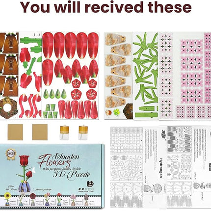 Jege 3D Flowers Wooden Puzzles for Adults,DIY Wooden 2 Flowers per Kit Building Set for Home Decor, Creative Craft Gift Toys Kits with 2 Perfume Bottles and Diffuser Sticks (Rose + Hydrangea)