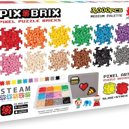 Pix Brix Pixel Art kit Puzzle Bricks - 3,000 Piece Pixel Art Container, 12 Color Medium Palette - Interlocking Building Bricks, Create 2D and 3D Builds Without Water or Glue - Stem Toys, Ages 6 Plus