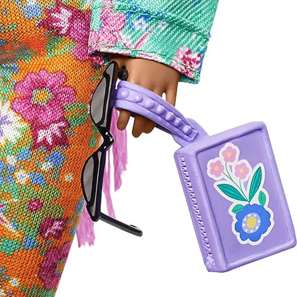 Barbie Extra Doll & Accessories with Long Pink Braids in Teal Floral Jacket & 2-Piece Floral Outfit with DJ Pet Mouse