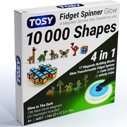 TOSY Magnet Fidget Spinner Glow - 16 Blocks, 3 in 1 Toy: Transformable Fidget Spinner, Infinity Cube, 2x2 Puzzle Cube, Glow, Stress Relief, STEM Magnet Tiles Birthday Gift for Kids/Boys/Girls/Adults