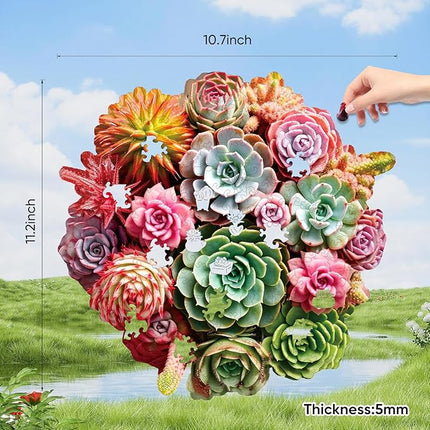 delobil Succulent Bouquet Wooden Puzzles for Adults, 200 Pieces Mandala Round Jigsaw Puzzles, Medium Size Unique Shaped Liberty Wood Puzzle Gift for Kids, Family Game 11.3'' x 10.5''