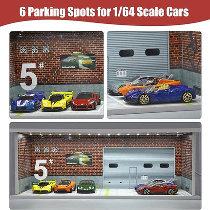 Display Case for Hot Wheels: Stackable Parking Garage for 1/64 Scale Matchbox Toy Car, FoamBoard Storage for Monster Trucks with LED Light and Acrylic Cover, Red Factory