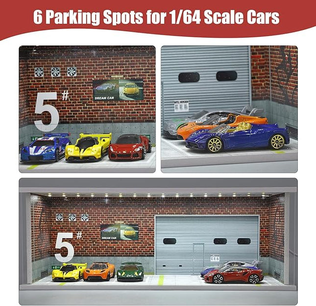 Display Case for Hot Wheels: Stackable Parking Garage for 1/64 Scale Matchbox Toy Car, FoamBoard Storage for Monster Trucks with LED Light and Acrylic Cover, Repair Store