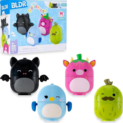BLDR Squishmallows Buildable Figure - Emily The Bat, Bebe The Bluebird, Cleary The Strawberry Cow, Charles The Pickle- Squishmallows Fans 6+, 0225