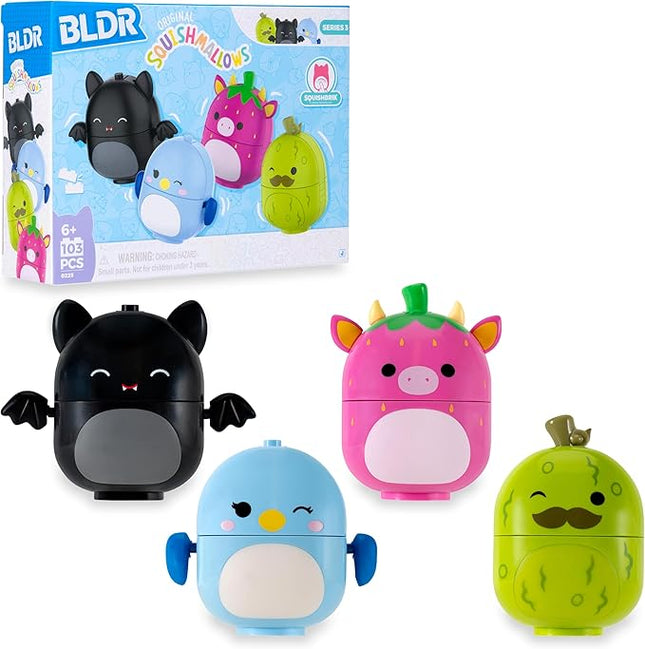 BLDR Squishmallows Buildable Figure - Emily The Bat, Bebe The Bluebird, Cleary The Strawberry Cow, Charles The Pickle- Squishmallows Fans 6+, 0225