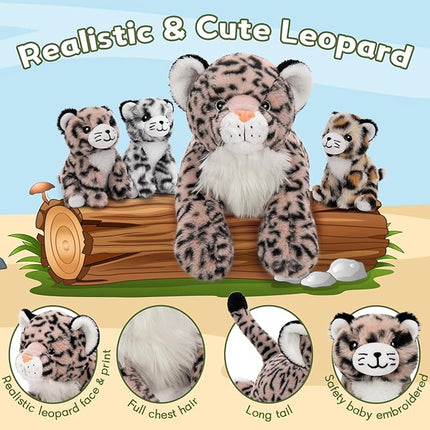 MorisMos Pink Cheetah Stuffed Animal with Babies,18" Large Mommy Leopard with Cub Plushies,Mama & Baby Leopard Stuffed Animals Set,Realistic Cheetah Toys Gift for Girl Kid Birthday Jungle Party Decor