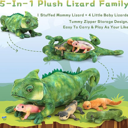 MorisMos Plush Lizard Stuffed Animals, 27'' Giant Mommy Chameleon Stuffed Animal with 4 Baby Lizard Toys for Kid Girl Boy, Realistic Large Iguana Mom, Cute Gecko Toys Gift for Kid Birthday Christmas