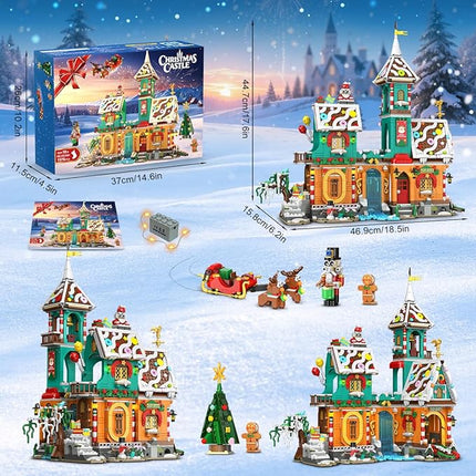 3 Style Christmas Gingerbread House Building Set with Lights - 2025 Holiday Castle Building Block Toy with Santa Claus Xmas Tree Gifts for Adults Teens Kids Girls Boy Ages 10+ (1976PCS)