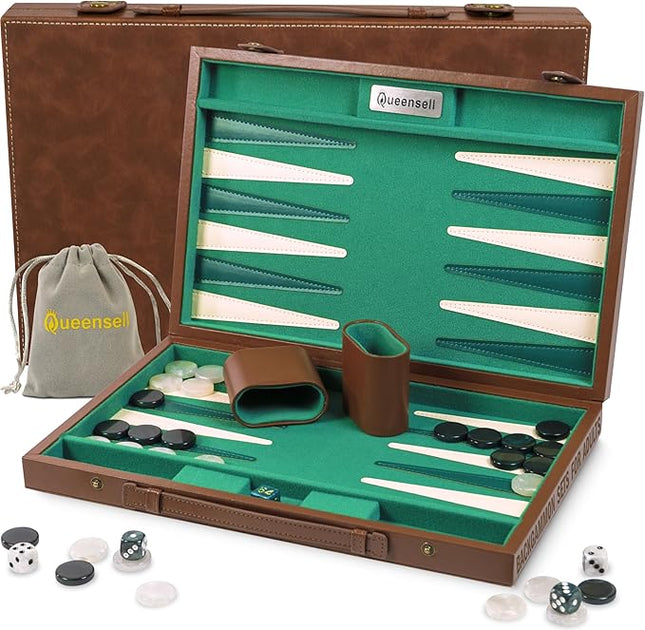 Premium 15 Inch Backgammon Set for Adults – Classic Faux Suede Leather Backgammon Board with 32 Chips, Dice Cups & Doubling Cube