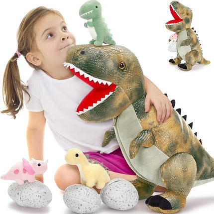 MorisMos Dinosaur Stuffed Animals Set,23.6'' Big Stuffed Dinosaur Mommy + 3 Baby Dino Toys+3 Plush Dino Eggs, Boy Girl T-Rex Toys for Kid Birthday Gift,Realistic T-rex, CPC Certified,Machine Washable