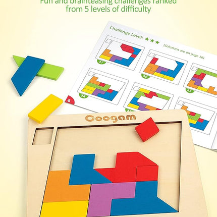 Coogam Wooden Puzzle Blocks Geometric Tangram Brain Teasers Jigsaw 3D Logic IQ Game Colorful Shape Pattern Montessori STEM Educational Toys Gift 60 Challenges for All Age