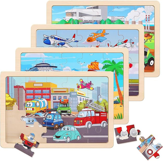 Wooden Educational Jigsaw Puzzles for Preschool Kids Ages 3-5, 4-Pack with 20 Pieces Transportation Wood Puzzles Set, Toddler Brain Teaser Toys, Preschool Gifts for Boys Girls Ages 3 4 5 6