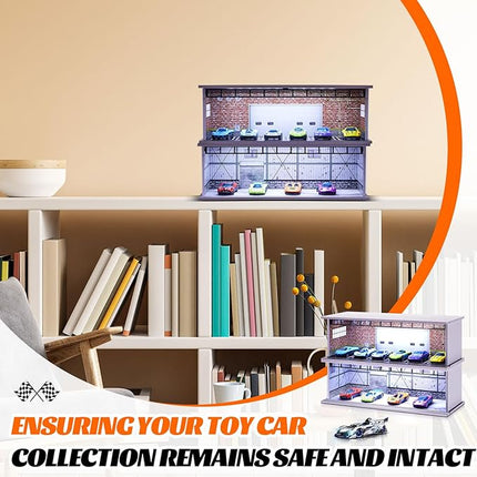 2 Pcs Display Case for Toy Car Garage with LED Light Stackable 1/64 Scale Diecast Toy Cars Garage for Maximum 58 Model Car Display and Storage(Red Bricks)