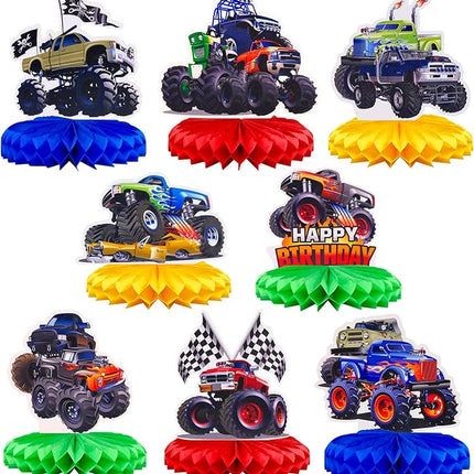 8 Pcs Hot Wheels Birthday Decorations, Cars Happy Birthday Decorations Set Table Centerpiece for Cars Themed Honeycomb Centerpiece