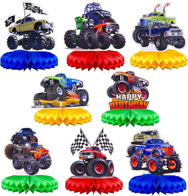 8 Pcs Hot Wheels Birthday Decorations, Cars Happy Birthday Decorations Set Table Centerpiece for Cars Themed Honeycomb Centerpiece