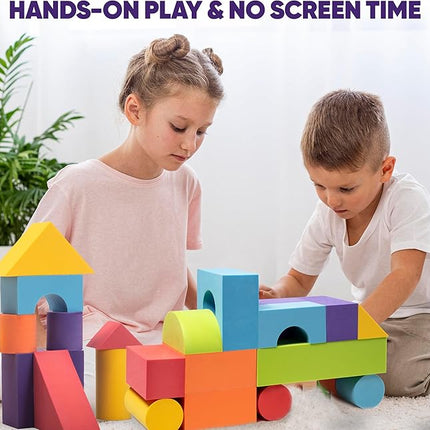 Set of 34 Large Foam Blocks for Toddlers - Stacking Soft Blocks for Kids with Shapes & Colors Learning - Construction Building Preschool Toys - Soft Toy for Daycare Toddlers 3-5 & Above