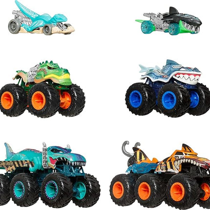 Hot Wheels Toy Cars & Monster Trucks, Sharks vs. Dinos Multipack with 2 Big Rigs, 2 1:64 Scale Monster Trucks & 2 1:64 Scale Hot Wheels Vehicles