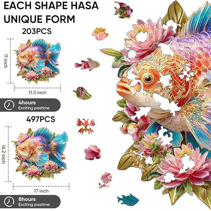 Wooden Puzzles for Adults, Lucky Carp Wooden Jigsaw Puzzles 203pcs, 11.1x11.5 inch Art Adult Puzzles, Irregular Wood Puzzles Creative Gift for Adults