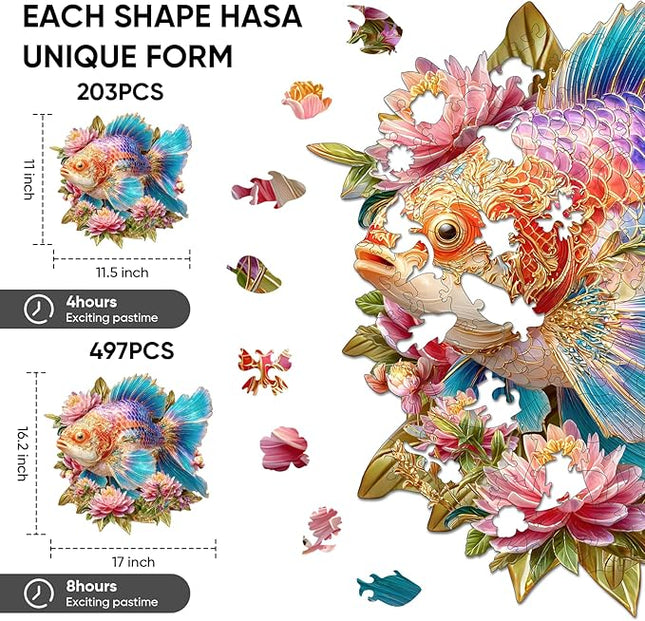 Wooden Puzzles for Adults 497 Pieces, Lucky Carp Wooden Jigsaw Puzzles, Art Adult Puzzles, Irregular Puzzles Creative Gift for Adults and Kids Family Brain Game, 16.2x17 inch