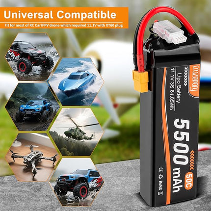 Crazepony 3S Lipo Battery 5500mAh 11.1V 50C RC Battery with XT60 Connector for RC Car Truck Airplane Helicopter Plane Quadcopter Boat Racing