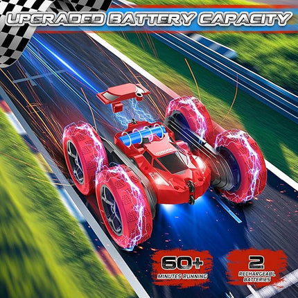 Remote Control Car for Boys - Car Toy for Kids Age 6 7 8 9, 4WD 2.4Ghz Double Sided 360° Rotating RC Cars with Headlights, Christmas Birthday for Boys and Girls - Red
