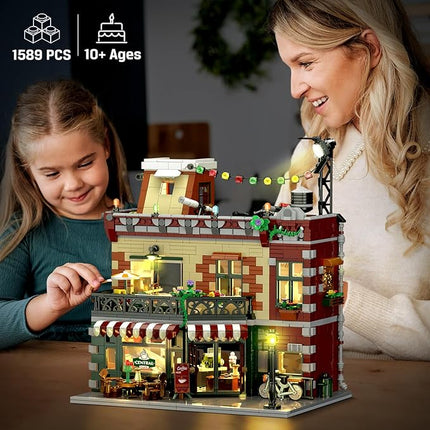 Coffee House Building Set with Light, 1589 PCS City Cafe Shop Building Block Toy with Stage Street Lights, Architecture Construction Model for Adults Teens Kids Ages 10 11 12+ Boys Girls