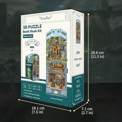 Tonecheer DIY Book Nook Kit for Adults, Wooden 3D Puzzle Bookend Diorama Bookshelf Insert Decor Fancy Books, Booknook Miniature House Kit with Dust Cover and Sensor LED (Haven Zero)