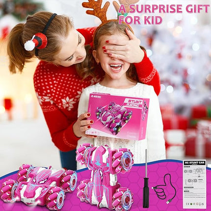 Remote Control Car for Girls, Rechargeable RC Cars Toys with Cool Lights, 2.4Ghz Double Sided Drift RC Stunt Cars, 360°Rotating 4WD Off-Road Race Car for 4-6 6-12 Girl Kids Gifts