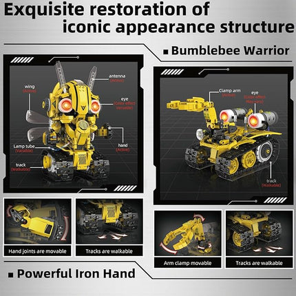 STEM Building Toys for Kids 6-14，5-in-1 Remote & App Controlled Construction Bumblebee Warrior/Powerful Iron Hand/Bulldozer/Hornet Jet/Tracked Vehicle，673 Pcs Building Blocks Set for Boys Girls