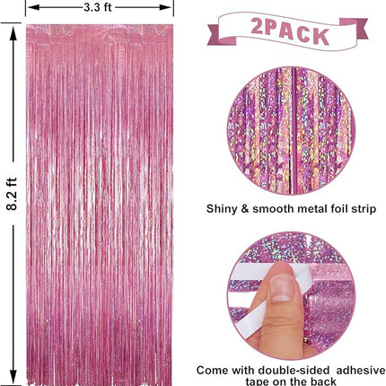 2 Pack Laser Hot Pink Foil Fringe Curtains Streamers Party Decorations 3.3 x 8.2 ft, Tinsel Curtain Fringe Backdrop for Parties, Door Fringe Birthday Streamers, Barbie Backdrop Party Decorations