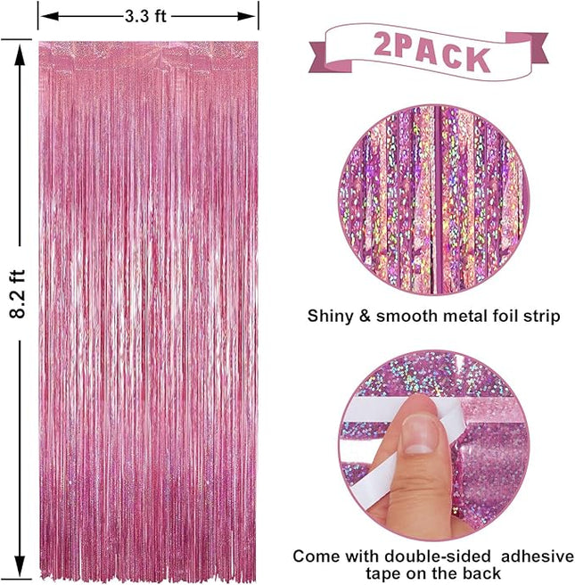2 Pack Laser Hot Pink Foil Fringe Curtains Streamers Party Decorations 3.3 x 8.2 ft, Tinsel Curtain Fringe Backdrop for Parties, Door Fringe Birthday Streamers, Barbie Backdrop Party Decorations