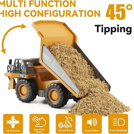 Remote Control Dump Truck, RC Construction Vehicle for Kids with 9 Channel Metal Bed Light Sound & Rechargeable Battery, Electric Transport Garbage Truck Toy for Toddlers Boys Girls Age 3+