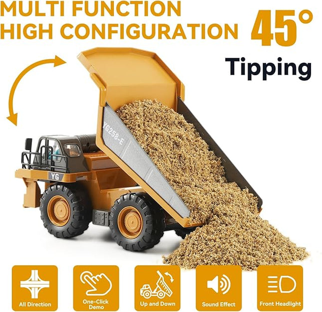 Remote Control Dump Truck, RC Construction Vehicle for Kids with 9 Channel Metal Bed Light Sound & Rechargeable Battery, Electric Transport Garbage Truck Toy for Toddlers Boys Girls Age 3+