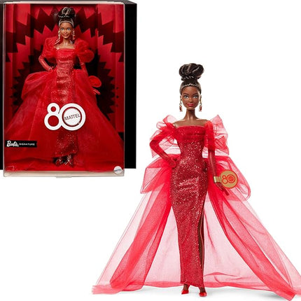 Barbie Signature Doll, Mattel 80th Anniversary Collectible in Glittery Red Tulle Gown with Drop Earrings and Sheer Gloves, Brunette
