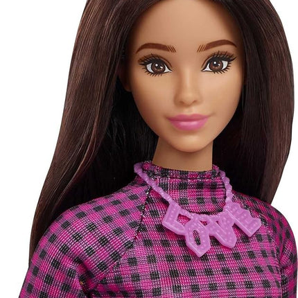 Barbie Fashionistas Doll #188, Curvy with Black Hair, Checkered Dress & Accessories Including Pink Sneakers & Necklace