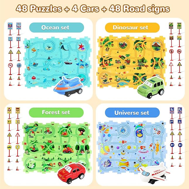 Puzzle Racer Kids Car Track Set, Kids Toys Boys 3-5, Gift for 3 4 5 6 Year Old Boys, Montessori Toys for 3+ Year Old(100Pcs, 4 Themes)