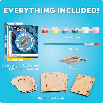 National Geographic Build Your Own Birdhouse Kit – DIY Wooden Birdhouse Craft with Paints, Brush, Bird-Watching Journal & Educational Poster for Kids, Bird House Craft