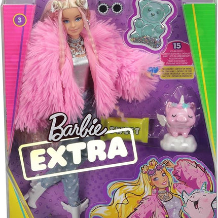 Barbie Extra Doll & Accessories with Pink-Streaked Blonde Crimped Hair in Fluffy Pink Coat with Pet Unicorn-Pig