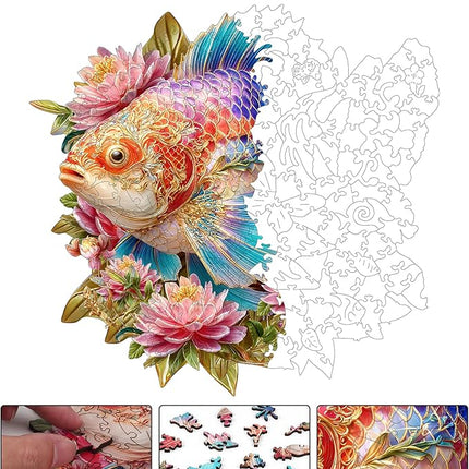 Wooden Puzzles for Adults, Lucky Carp Wooden Jigsaw Puzzles 203pcs, 11.1x11.5 inch Art Adult Puzzles, Irregular Wood Puzzles Creative Gift for Adults
