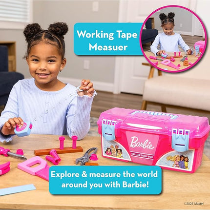 Barbie Tool Box Playset – 18 Piece Deluxe Tool Set, Pretend Play Construction Tools with Tape Measure, Girls Pink Tool Box with Handle, Perfect Preschool Role Play Toy for Kids