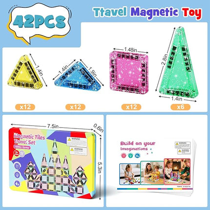 Travel Mini Magnetic Tiles Glitter Construction Set 42Pcs，Magnetic Building Blocks Stem Gift Travel Toys for Kids for Boys and Girls Ages 3+