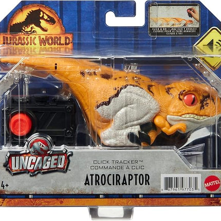 Mattel Jurassic World Dominion Uncaged Dinosaur Toy with Clicker-Controlled Motion & Sound, Click Tracker Atrociraptor Tiger Dino Action Figure