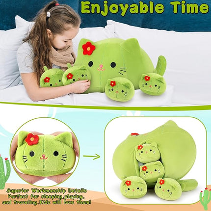 5 PCS Cactus Cat Plush Stuffed Animal Family-19" Soft Cactus Cat Plush, Large Mommy Plushies with 4 Baby Kittens Plushies for Kids, Kawaii Plush Toy Christmas Birthday Gifts for Kids Boys Girls