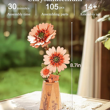 rowood 3D Puzzles for Adults,DIY Wooden Flower Building Craft Kits for Women,Christmas/Birthday Gift- Orange Gerbera Daisy