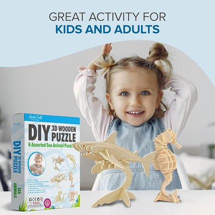 Hands Craft DIY 3D Wooden Puzzle – 6 Assorted Sea Animals Bundle Pack Set Brain Teaser Puzzles Educational STEM Toy Adults and Kids to Build Safe and Non-Toxic Easy Punch Out Premium Wood JP2B5