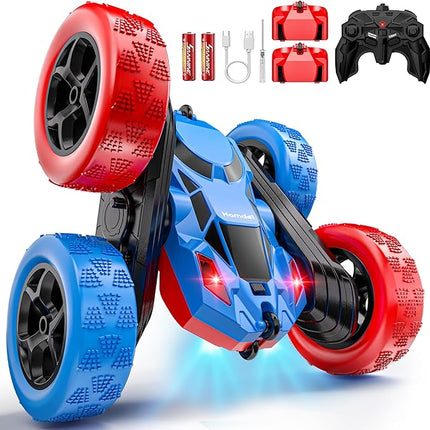 Remote Control Stunt Car for Boys, Upgraded 4WD 360° Rotating Racer with Lights, USB-C Rechargeable RC Toy Car 2.4GHz High-Speed for Kids Ages 6+ (Red-Blue)