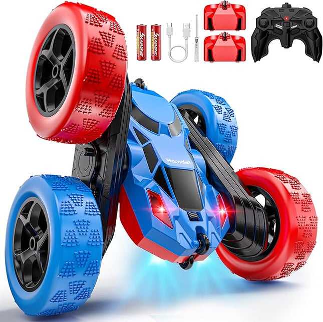 Remote Control Stunt Car for Boys, Upgraded 4WD 360° Rotating Racer with Lights, USB-C Rechargeable RC Toy Car 2.4GHz High-Speed for Kids Ages 6+ (Red-Blue)