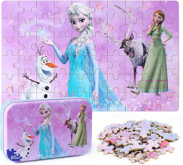 LELEMON Pretty Girl Puzzles for Kids Ages 4-6, Snowman 60 Piece Puzzles for Kids Ages 3-5,Children Jigsaw Puzzles in a Metal Box,Educational Learning Puzzle Toys for Girls and Boys