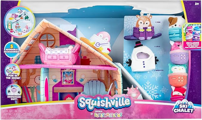 Squishville by Original Squishmallows Ski Chalet - Includes Four 2-Inch Skis, Snowboard, Snowman, Chair, Bed, and Playscene with Ski Slope - Amazon Exclusive